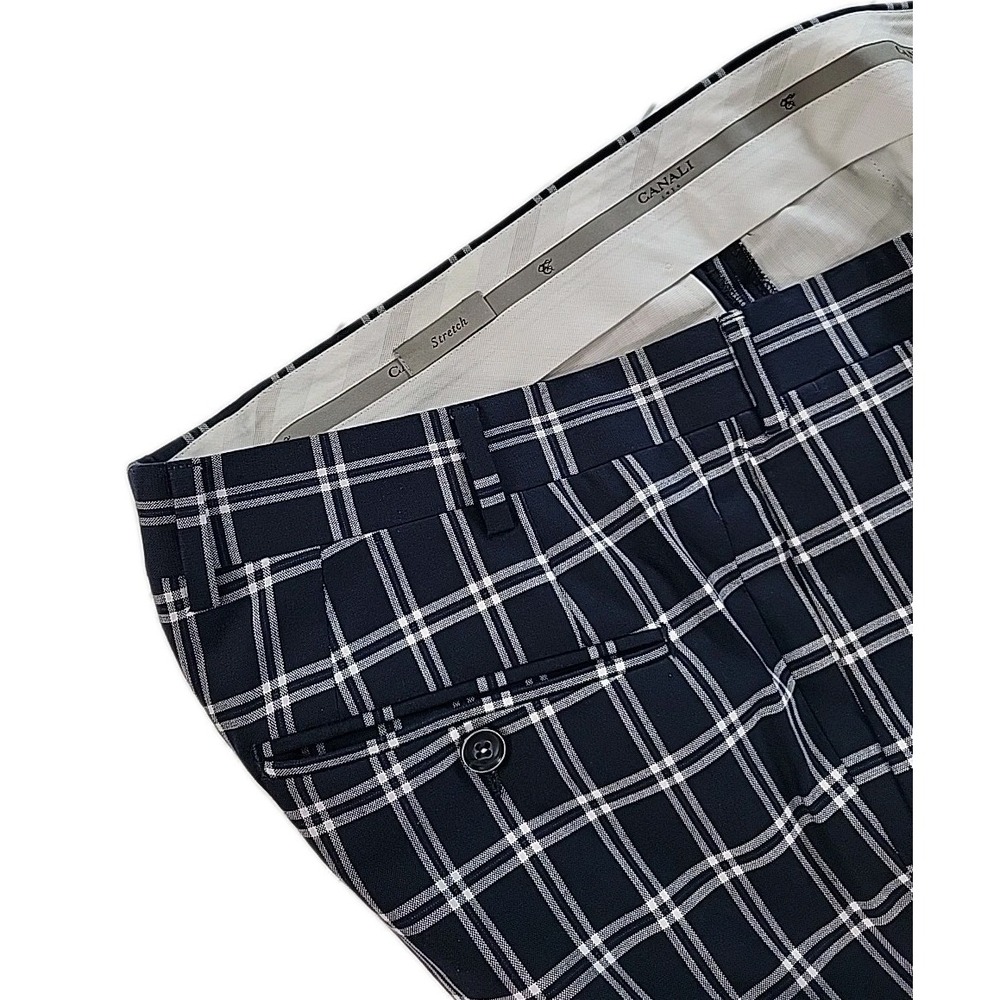 Canali 1934 STRETCH Made in Italy BLUE PLAID PLEATED  Pants Size 34, CUFFED‎